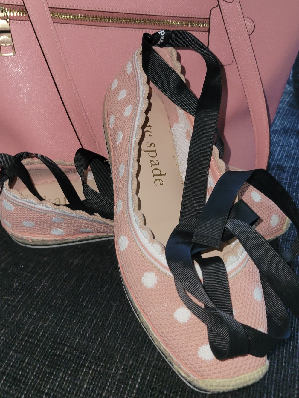 Kate Spade Pink Polka Dot Espadrille Flats with Black Ribbon